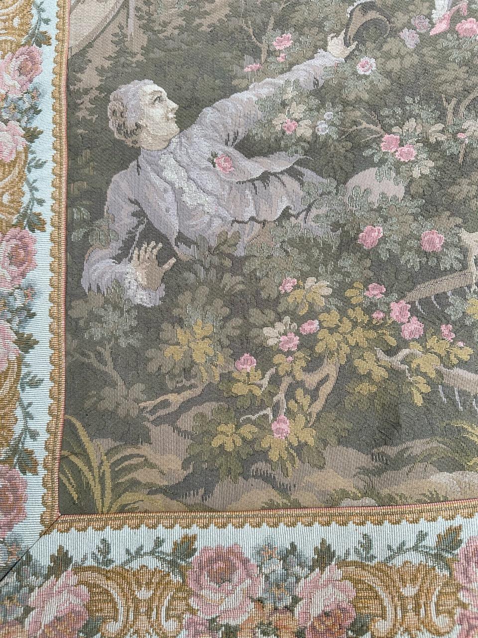 Pretty Mid Century French Aubusson style Jacquard Tapestry, « L'escarpolette » For Sale 4