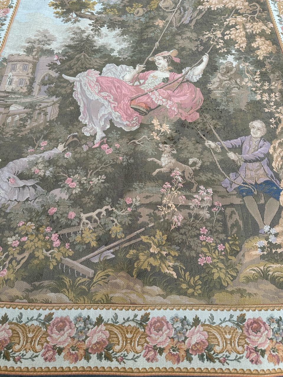Pretty Mid Century French Aubusson style Jacquard Tapestry, « L'escarpolette » For Sale 10