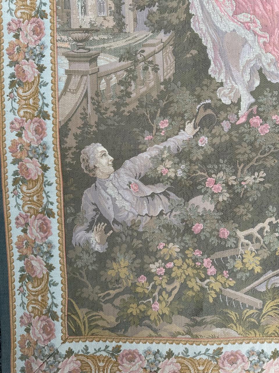 Machine-Made Pretty Mid Century French Aubusson style Jacquard Tapestry, « L'escarpolette » For Sale