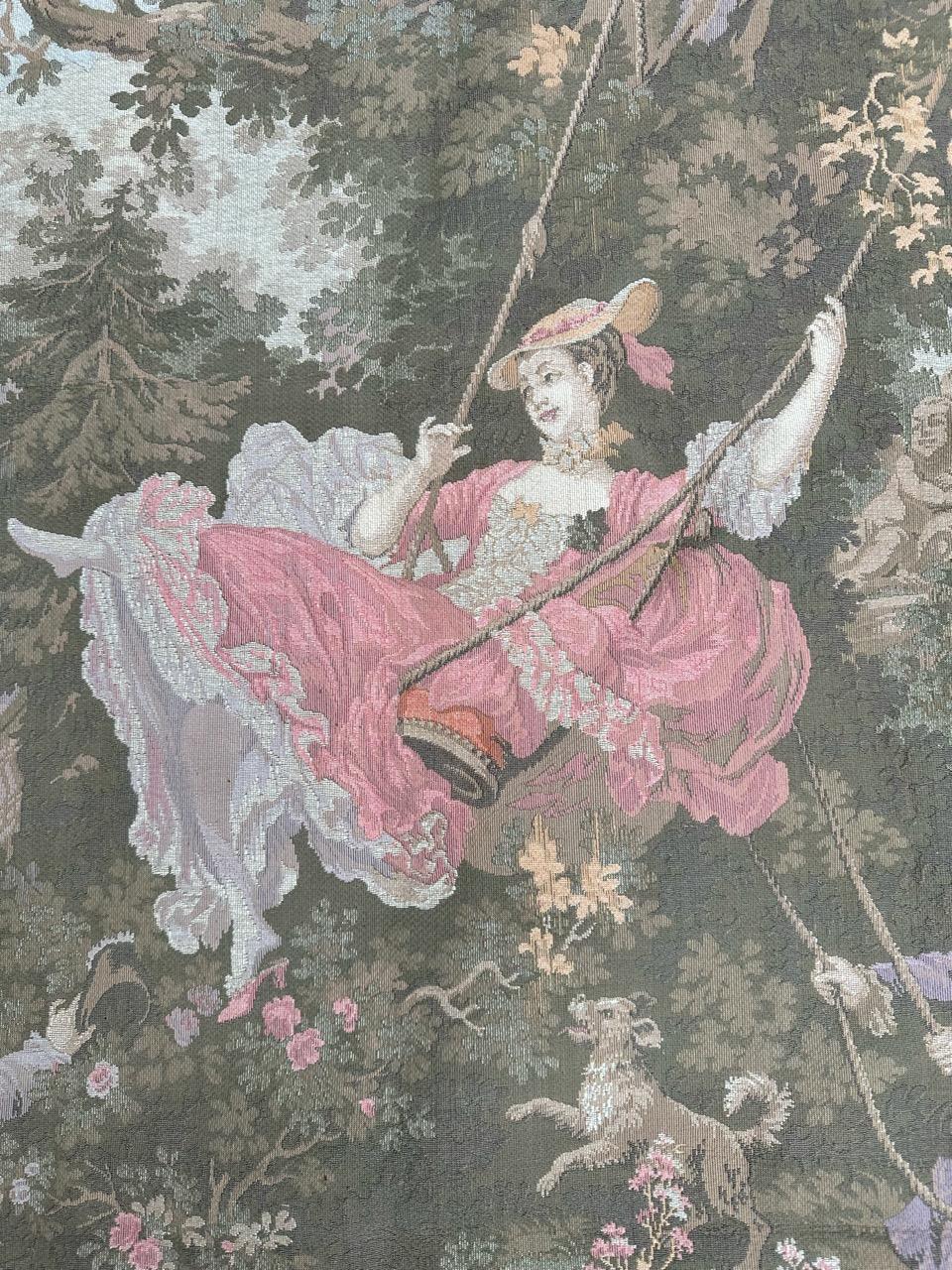 20th Century Pretty Mid Century French Aubusson style Jacquard Tapestry, « L'escarpolette » For Sale