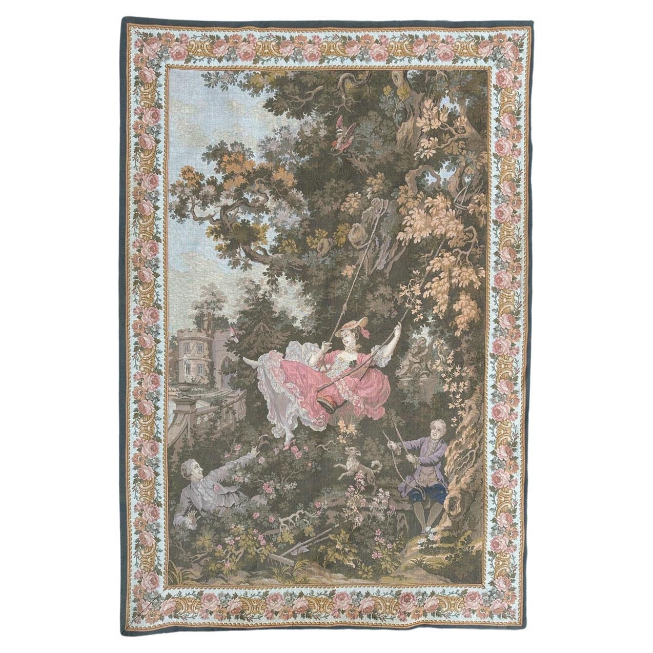 Pretty Mid Century French Aubusson style Jacquard Tapestry, « L'escarpolette » For Sale