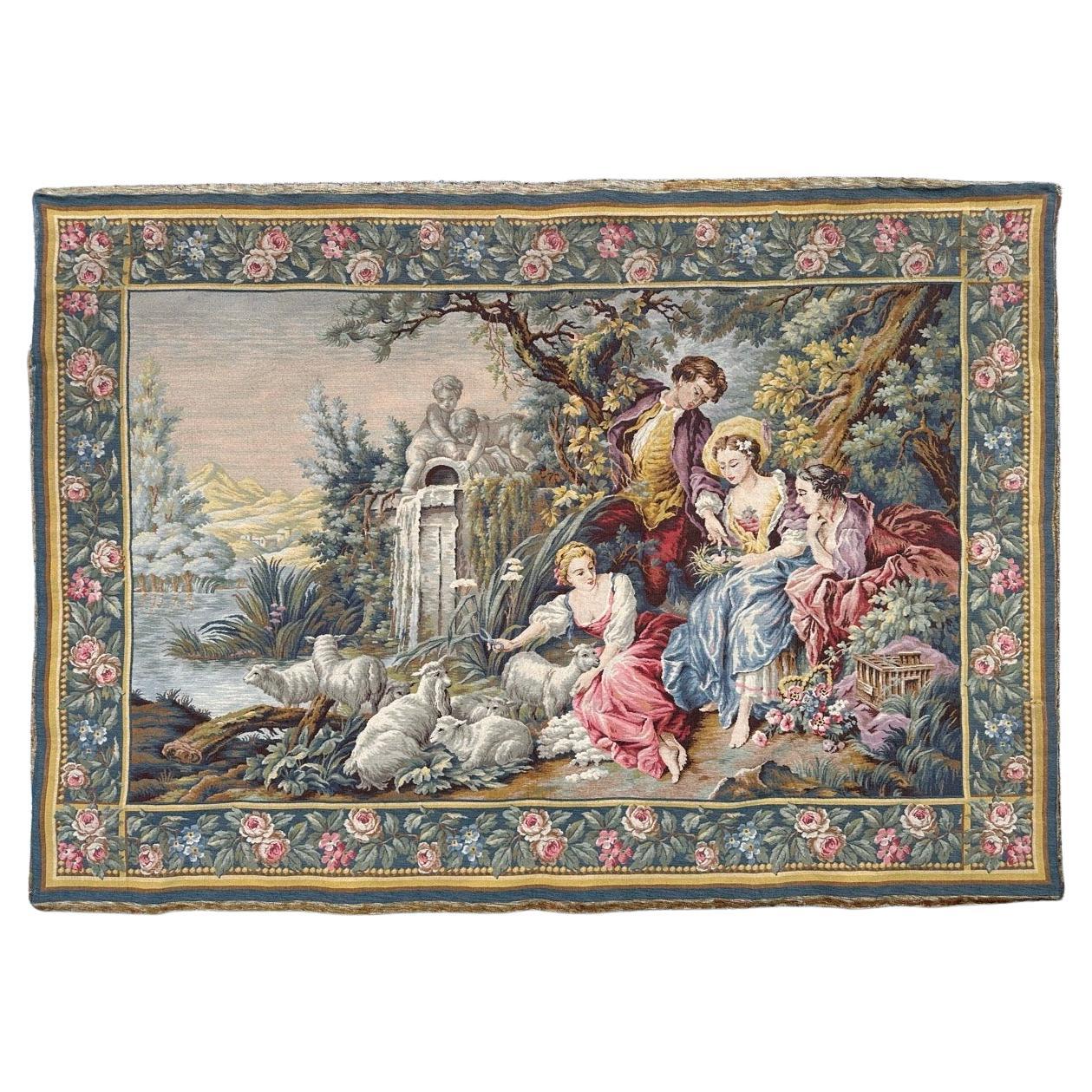 Grazioso arazzo jacquard in stile Aubusson francese della metà del secolo scorso " Scena romantica "