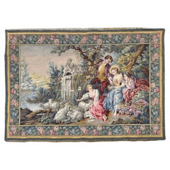 Vintage Pretty mid century French Aubusson Style Jacquard Tapestry « Romantic scene »