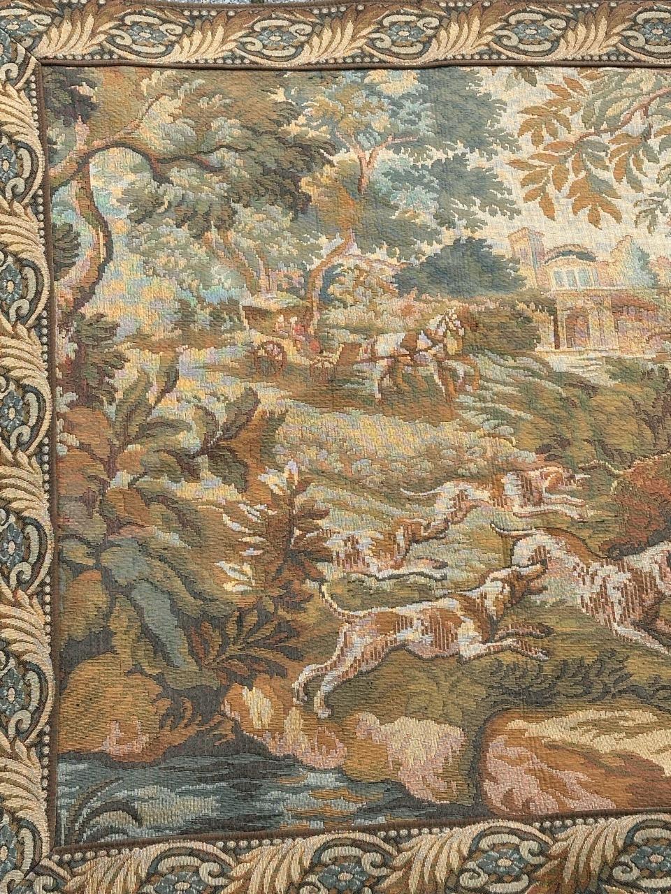Pretty Mid Century French Aubusson style Jacquard Tapestry «wild boar hunting » 4