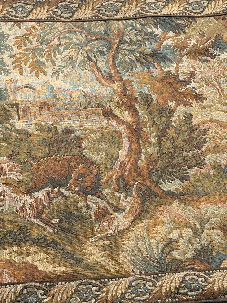 Pretty Mid Century French Aubusson style Jacquard Tapestry «wild boar hunting » 5