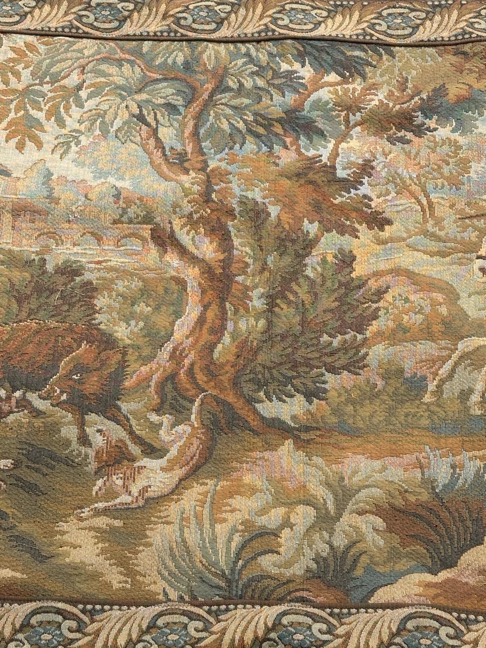 Machine-Made Pretty Mid Century French Aubusson style Jacquard Tapestry «wild boar hunting »