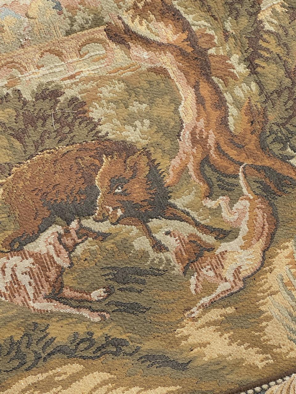 20th Century Pretty Mid Century French Aubusson style Jacquard Tapestry «wild boar hunting »