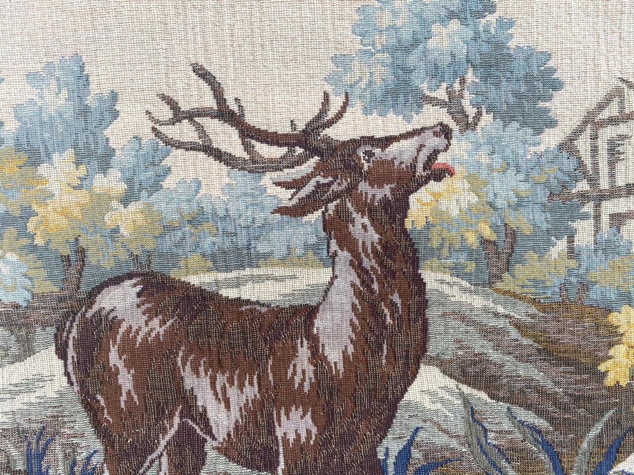 Very beautiful vintage French tapestry with beautiful design of a deer surrounded by hunting dogs, in a stream and with beautiful colors, mechanical Jaquar manufacturing woven with wool.