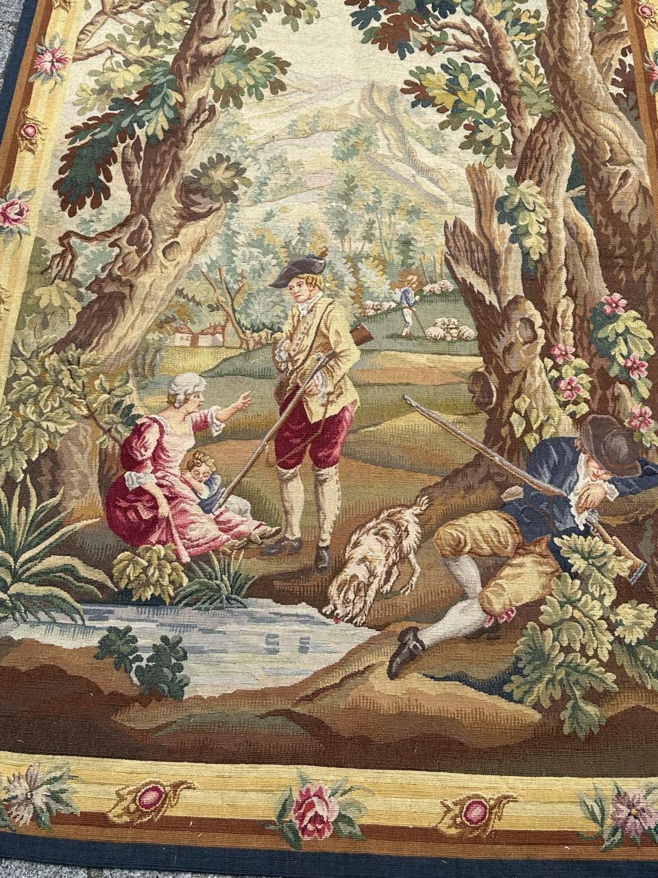 Chasseurs endormi ( the sleeping hunter )
Very beautiful mid 20th century French Aubusson tapestry featuring a part of the famous painting of J.B Huet, titled « hunters rest ». With nice colours in the hues of yellow, green, pink, purple and brown,