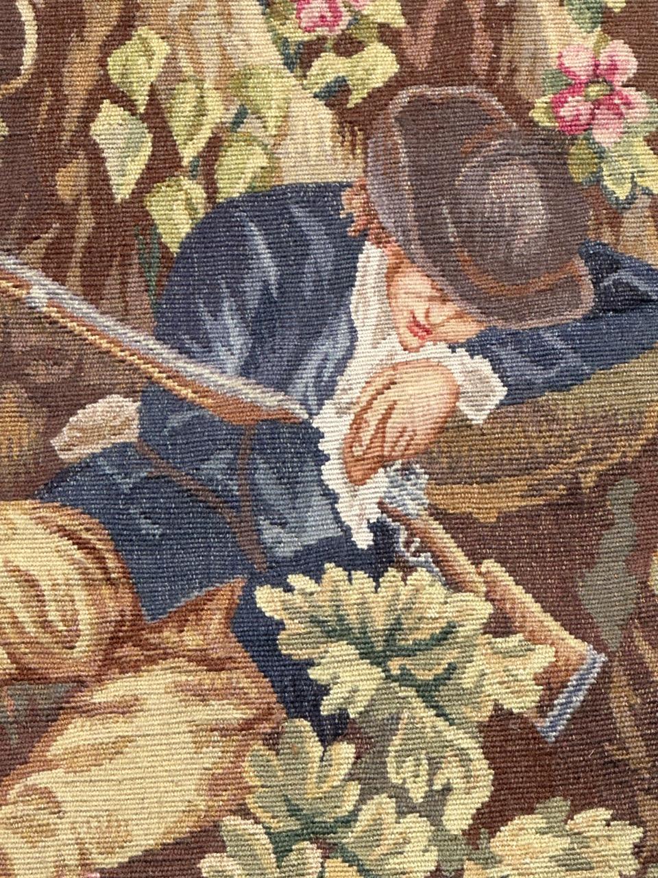 Pretty mid century french Aubusson tapestry « the sleeping hunter » In Good Condition For Sale In Saint Ouen, FR