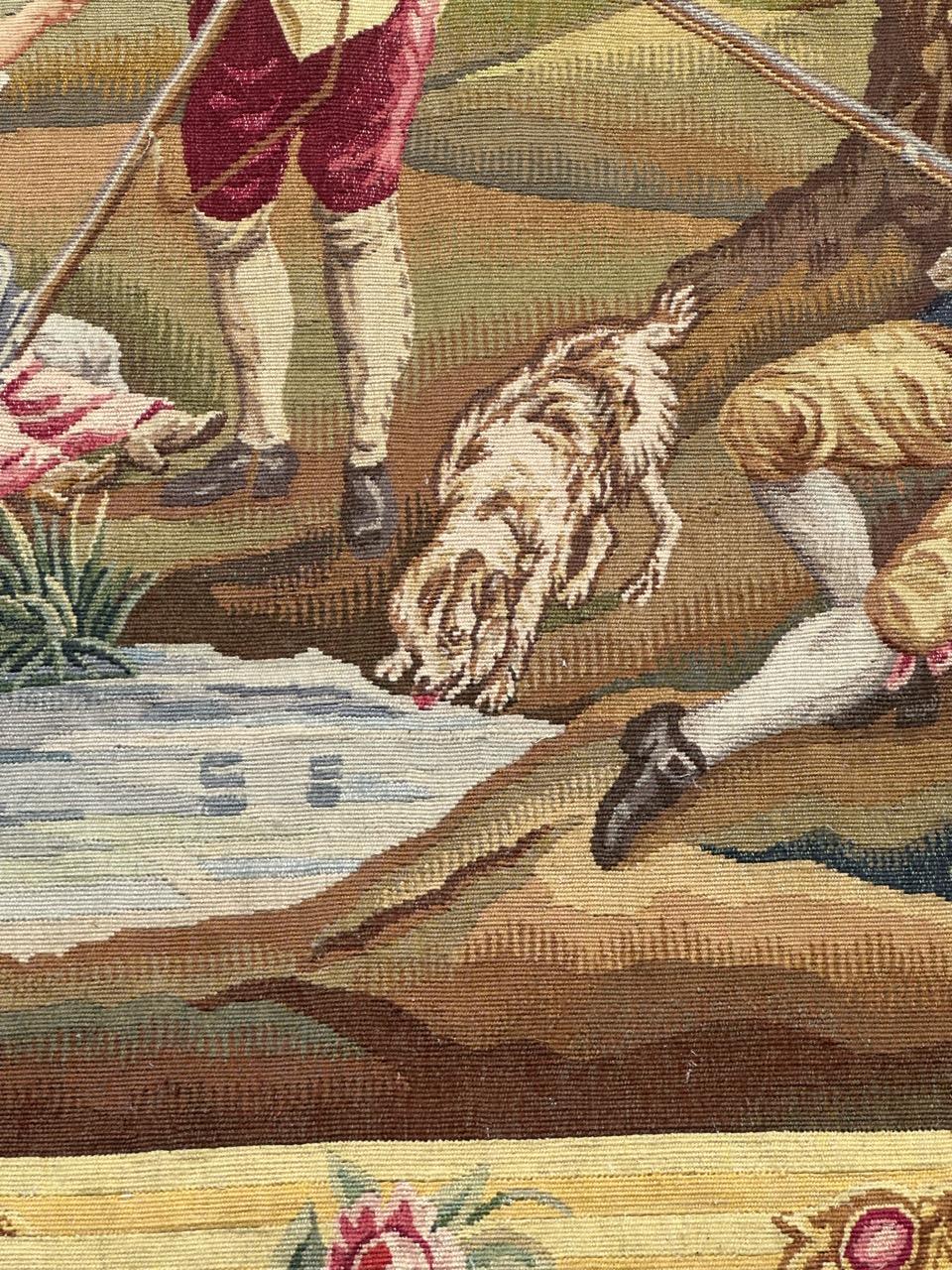 20th Century Pretty mid century french Aubusson tapestry « the sleeping hunter » For Sale