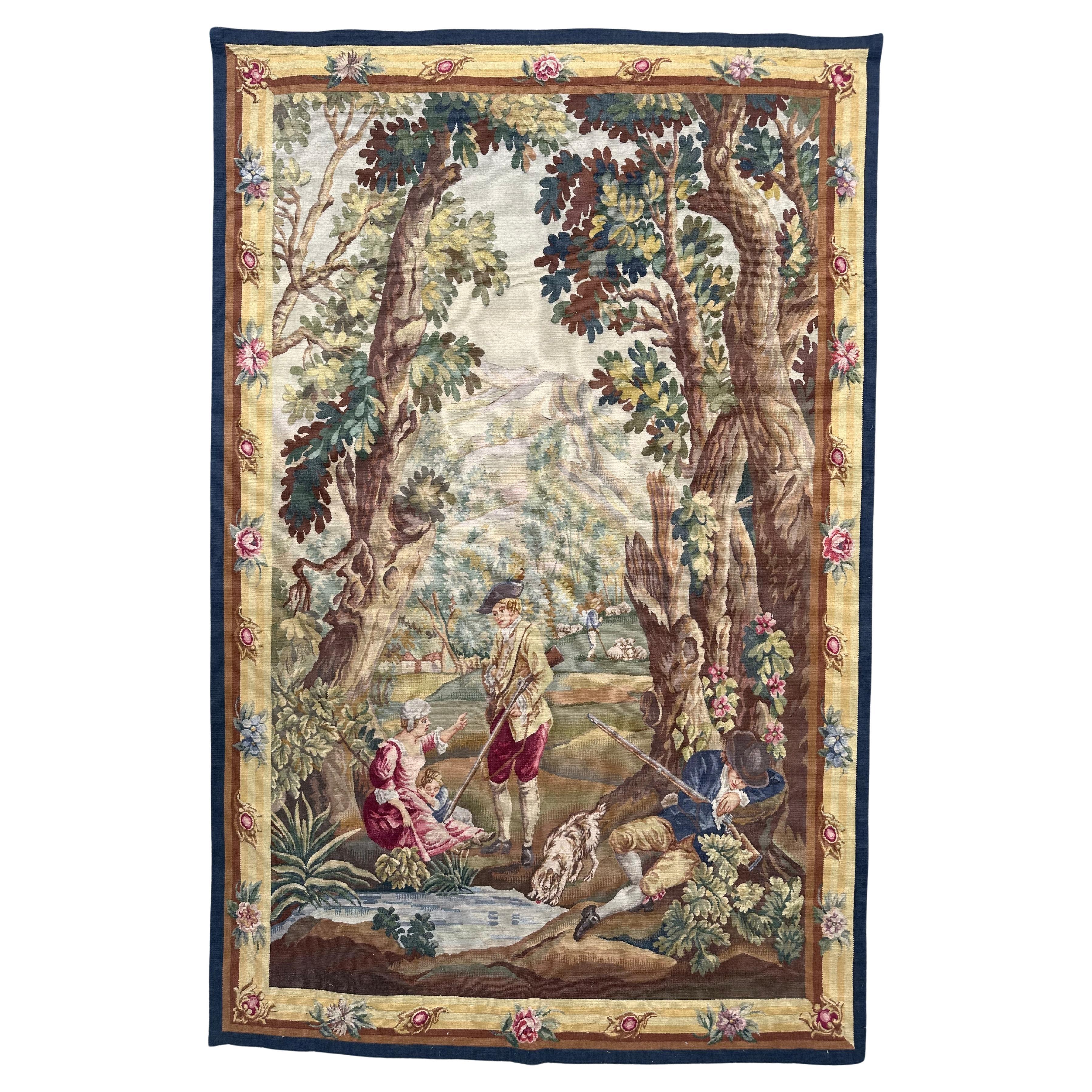 Bonito tapiz de Aubusson francés de mediados de siglo " el cazador durmiente "