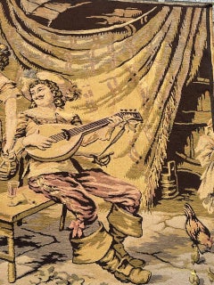 grazioso arazzo francese jacquard della metà del secolo "scena di taverna galante".