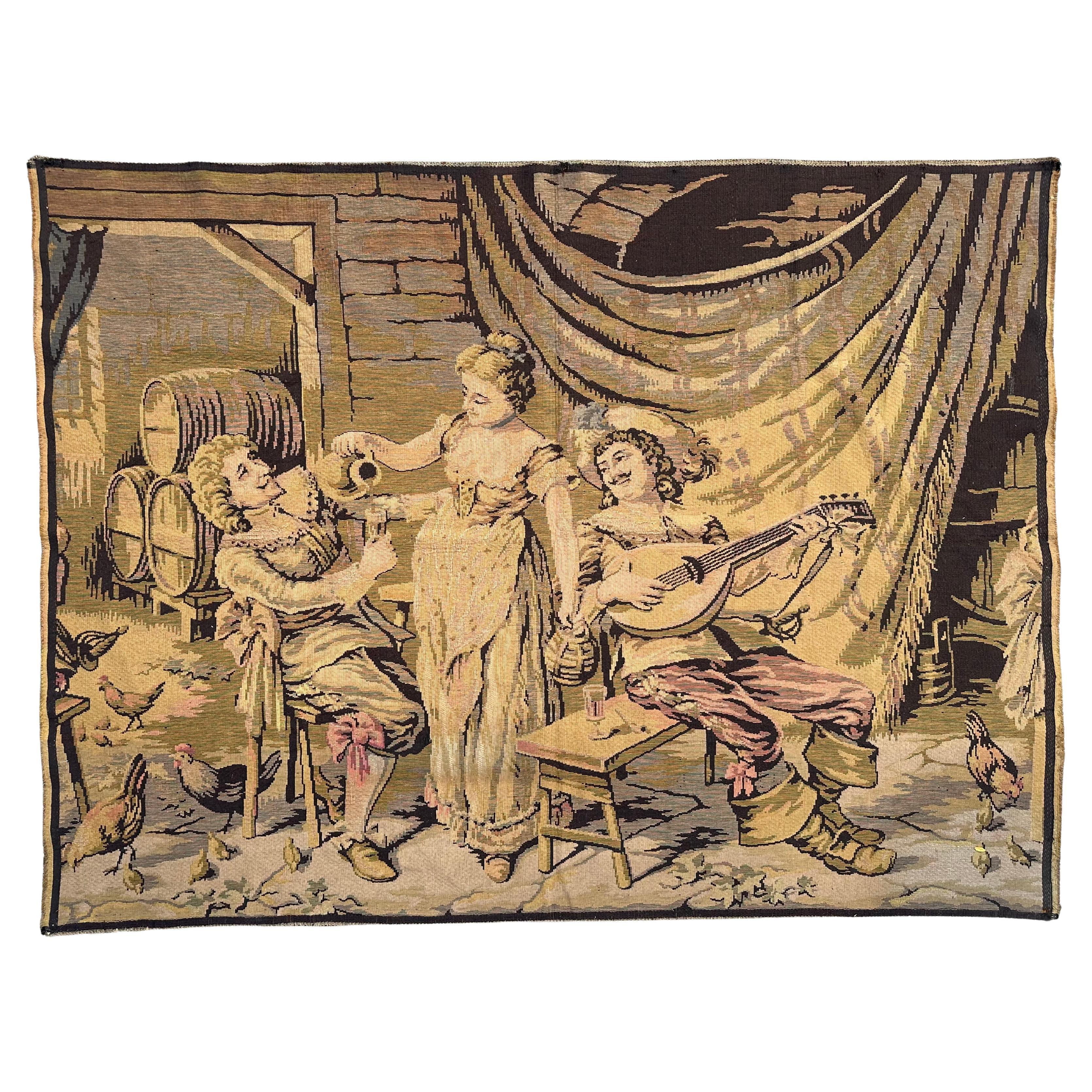 grazioso arazzo francese jacquard della metà del secolo "scena di taverna galante".