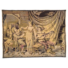 pretty mid century French jacquard tapestry « gallant tavern scene »