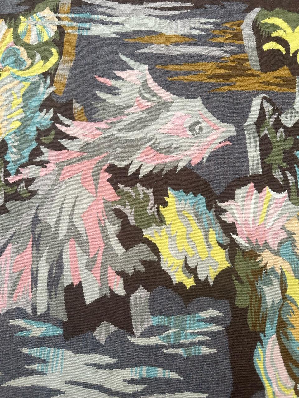 Wool Pretty Mid Century French Modern Aubusson Tapestry « Georges Deveche » For Sale