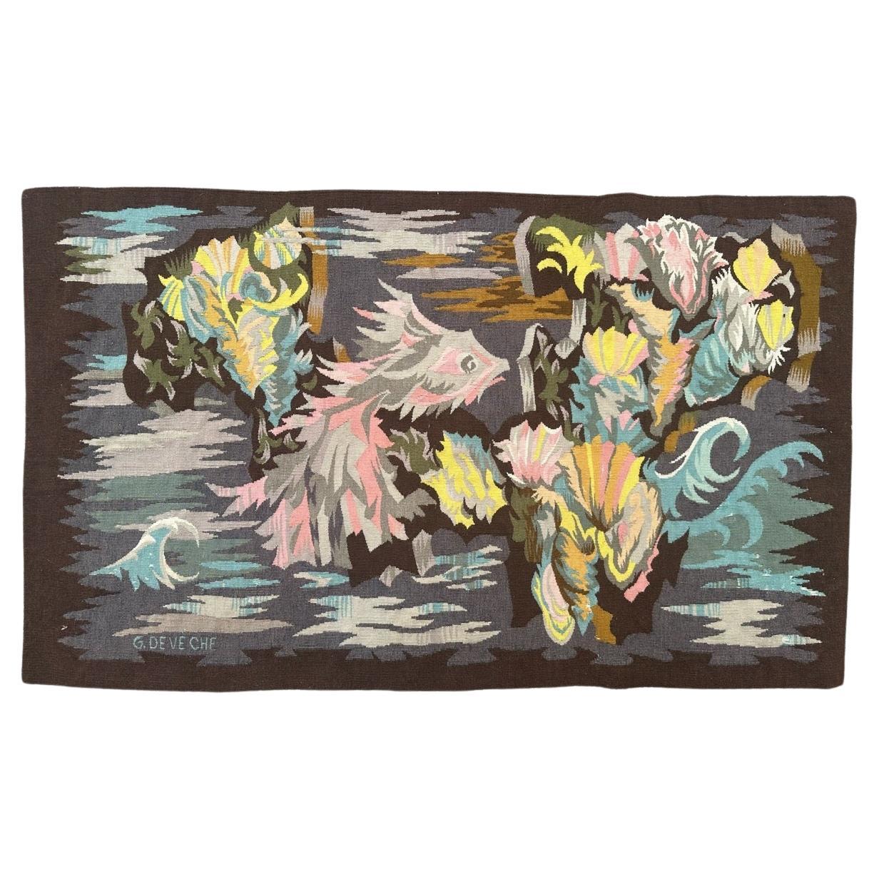 Pretty Mid Century French Modern Aubusson Tapestry « Georges Deveche » For Sale