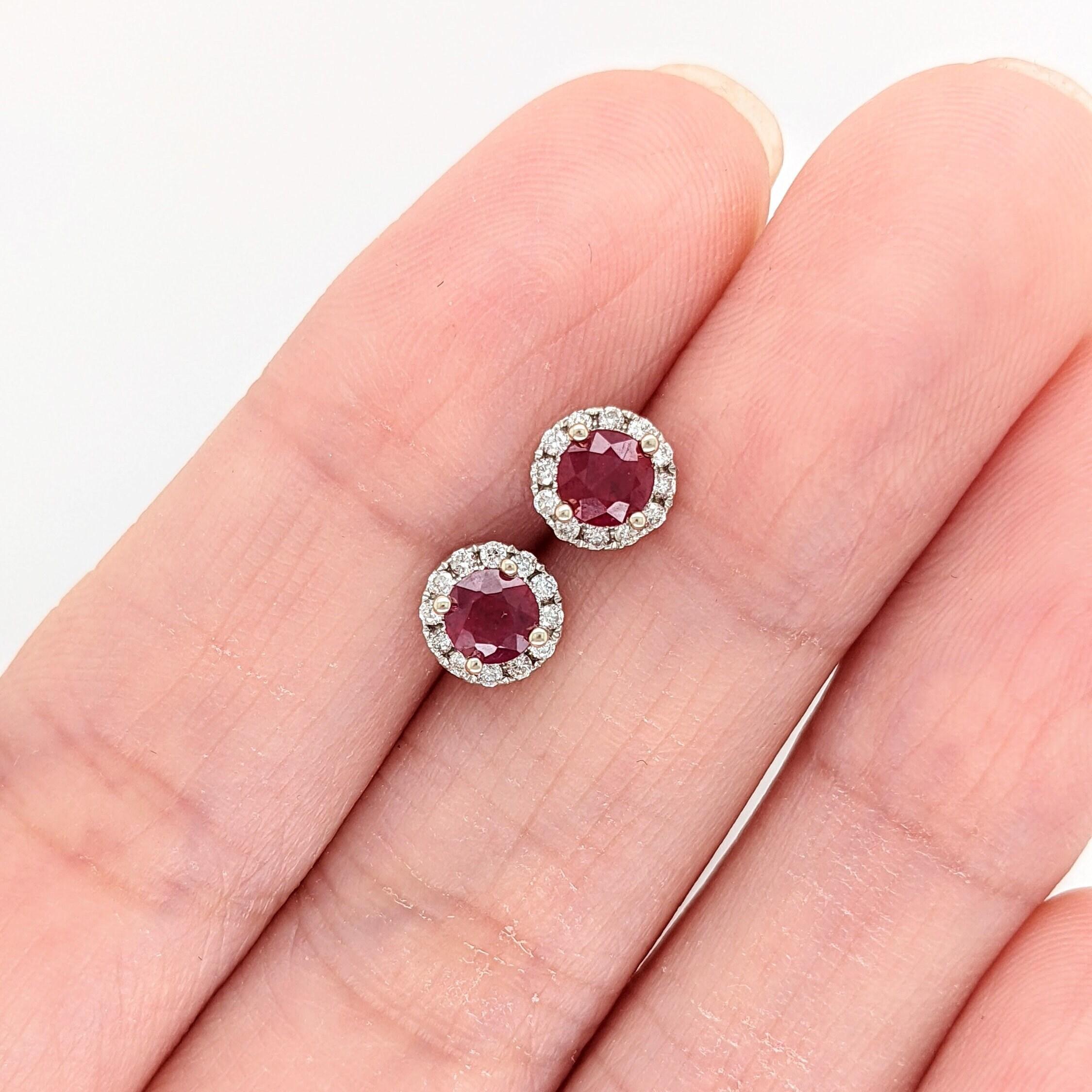 Art Deco Pretty Mozambique Ruby Studs with Natural Diamond Halo in Solid 14K White Gold For Sale