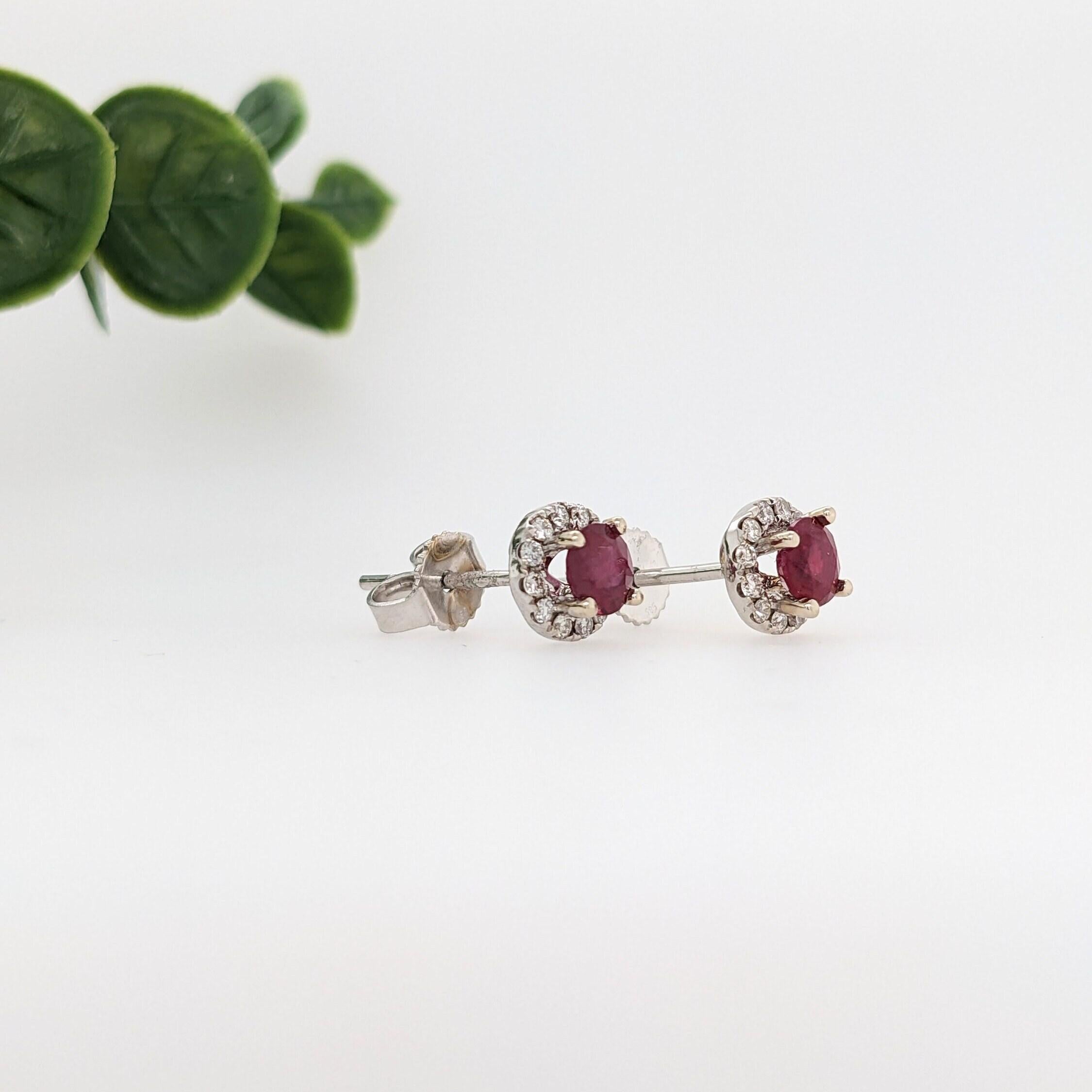 Round Cut Pretty Mozambique Ruby Studs with Natural Diamond Halo in Solid 14K White Gold For Sale