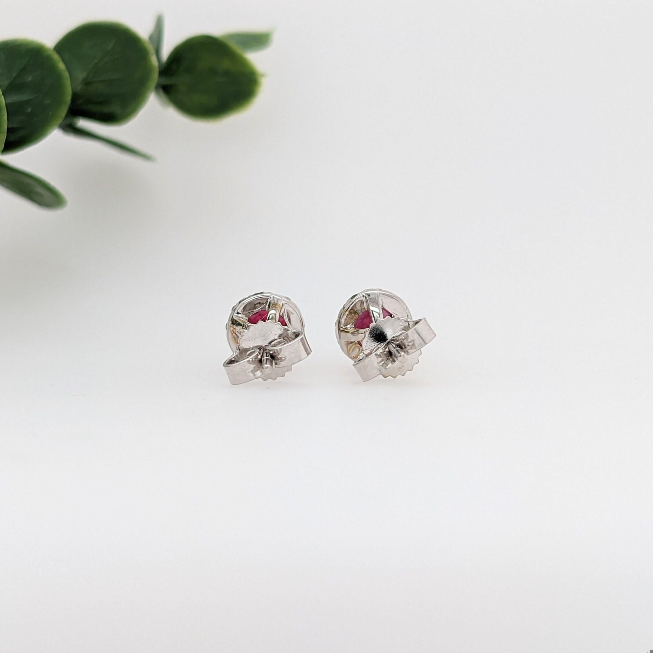 Pretty Mozambique Ruby Studs with Natural Diamond Halo in Solid 14K White Gold In Good Condition For Sale In Columbus, OH