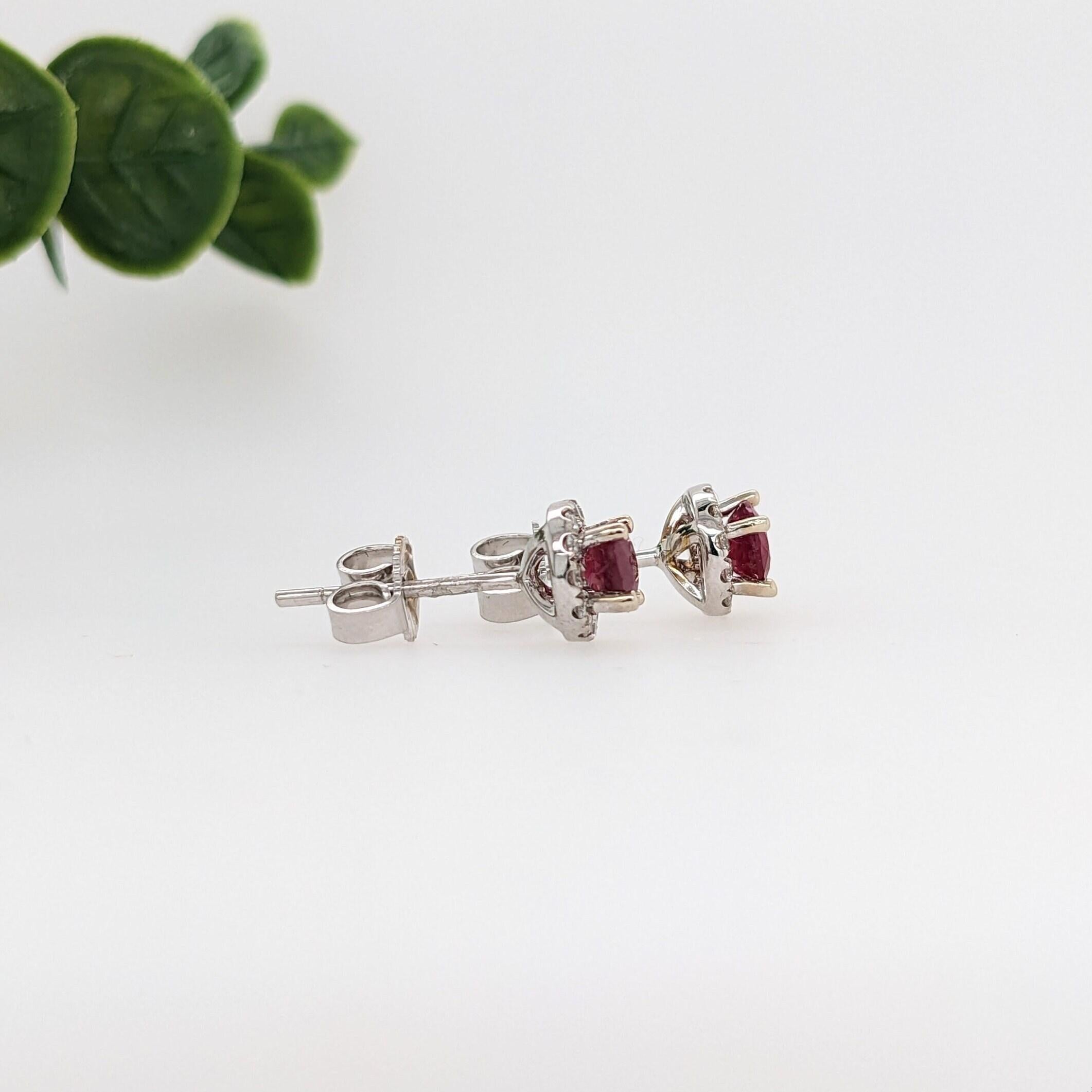Women's Pretty Mozambique Ruby Studs with Natural Diamond Halo in Solid 14K White Gold For Sale