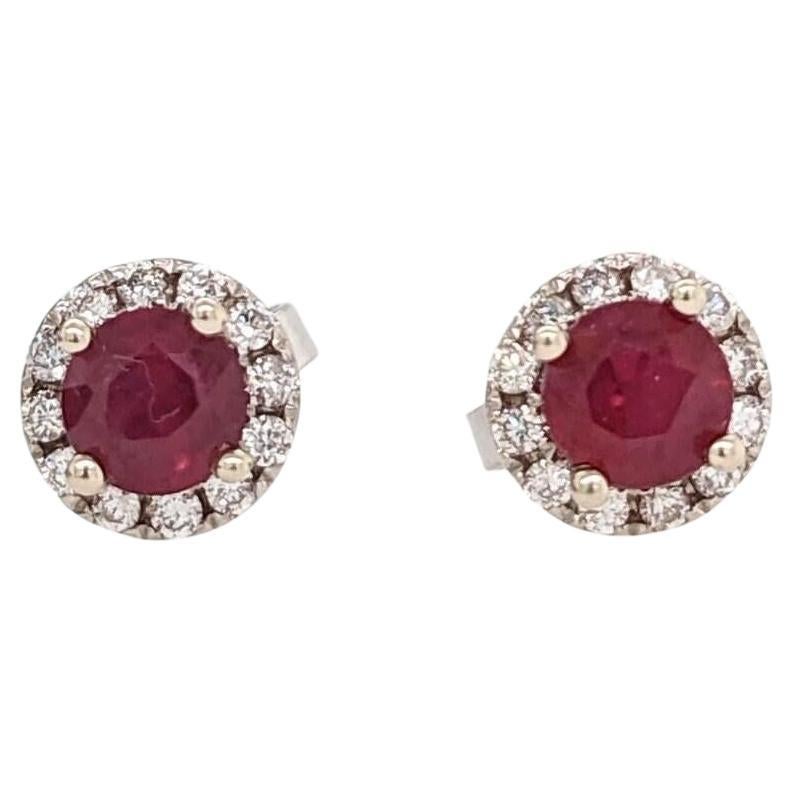 Pretty Mozambique Ruby Studs with Natural Diamond Halo in Solid 14K White Gold For Sale