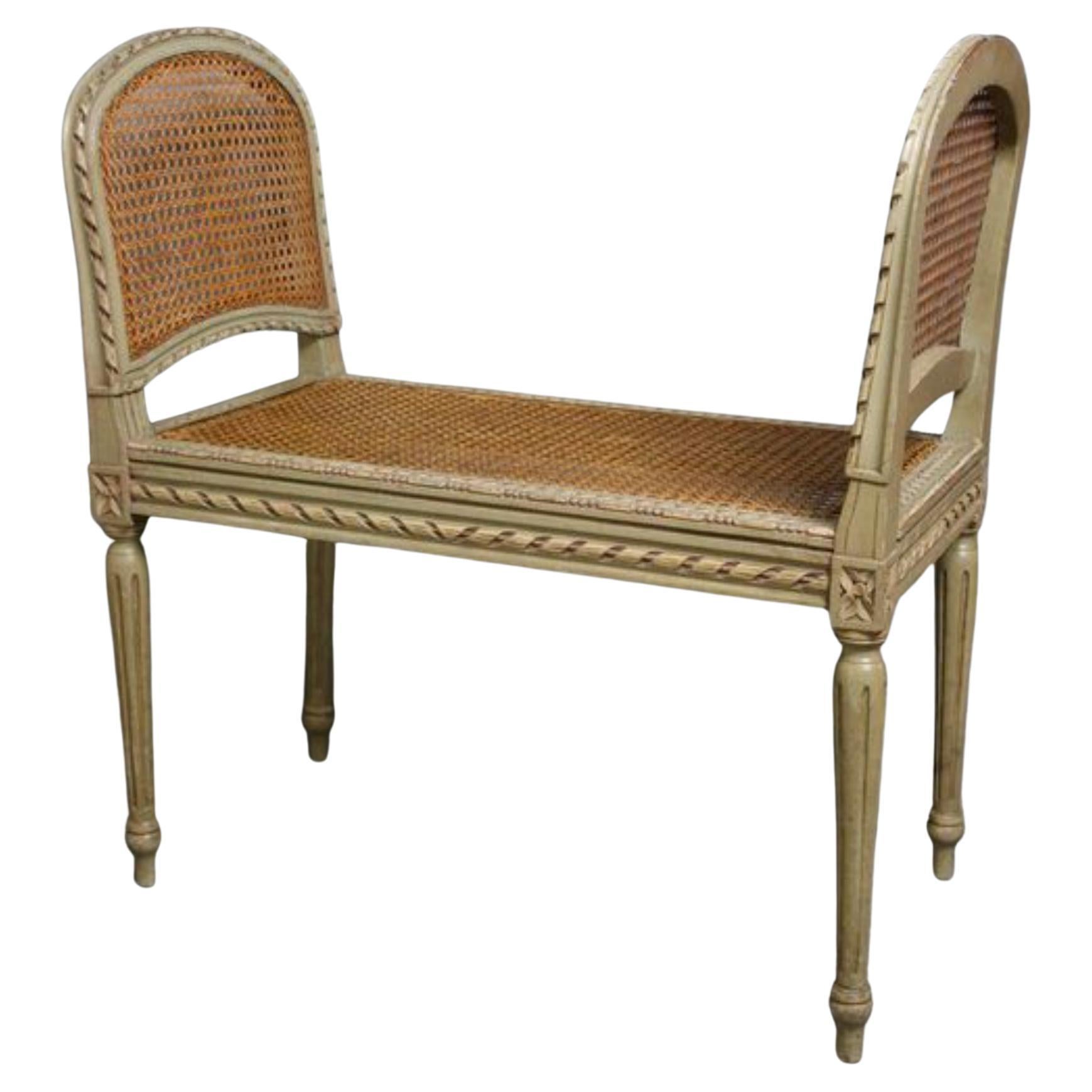 French Painted Cane Seat Bench at 1stDibs