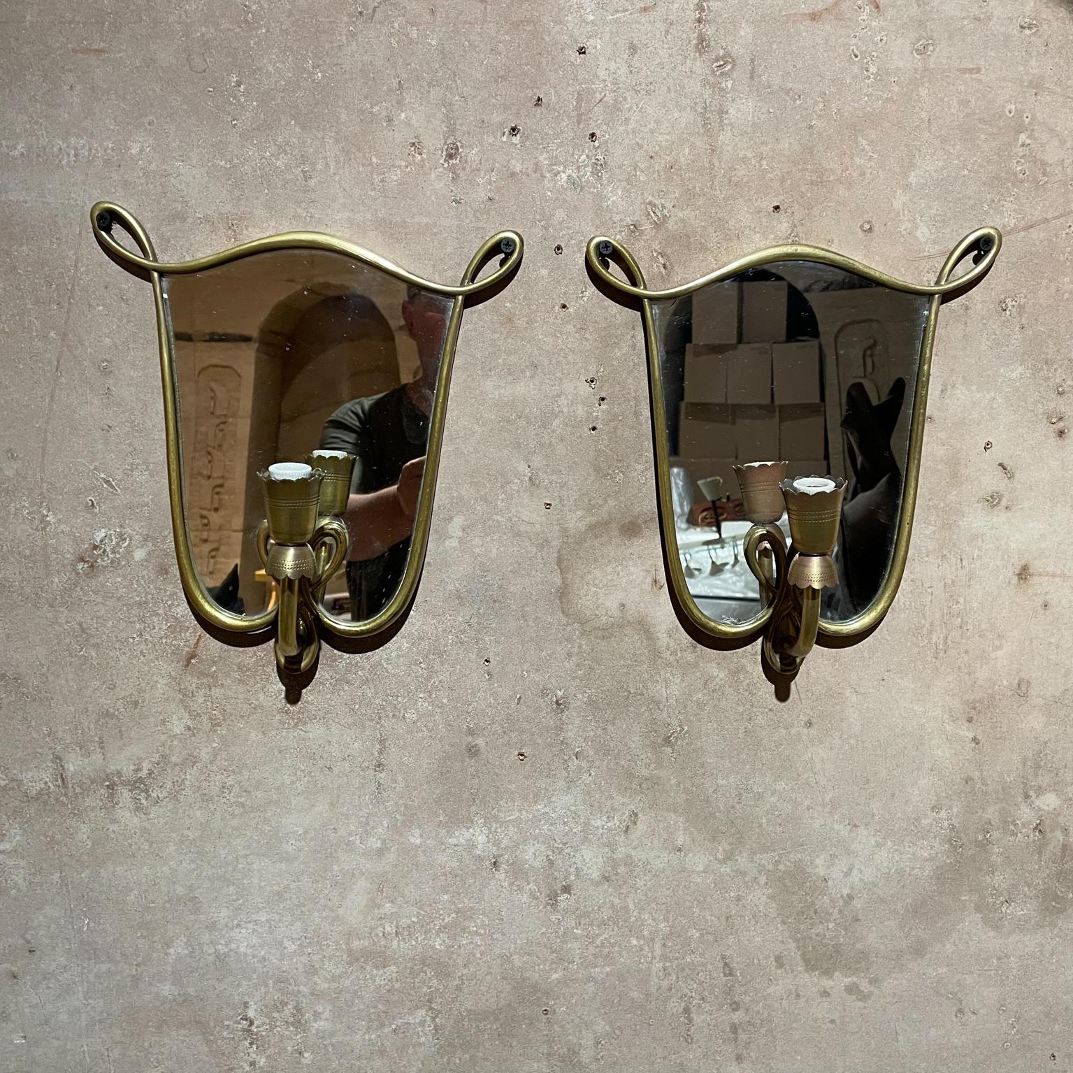 Mid-Century Modern  1950s Antique Mirror and Bronze Wall Sconces Style of Gio Ponti Italy