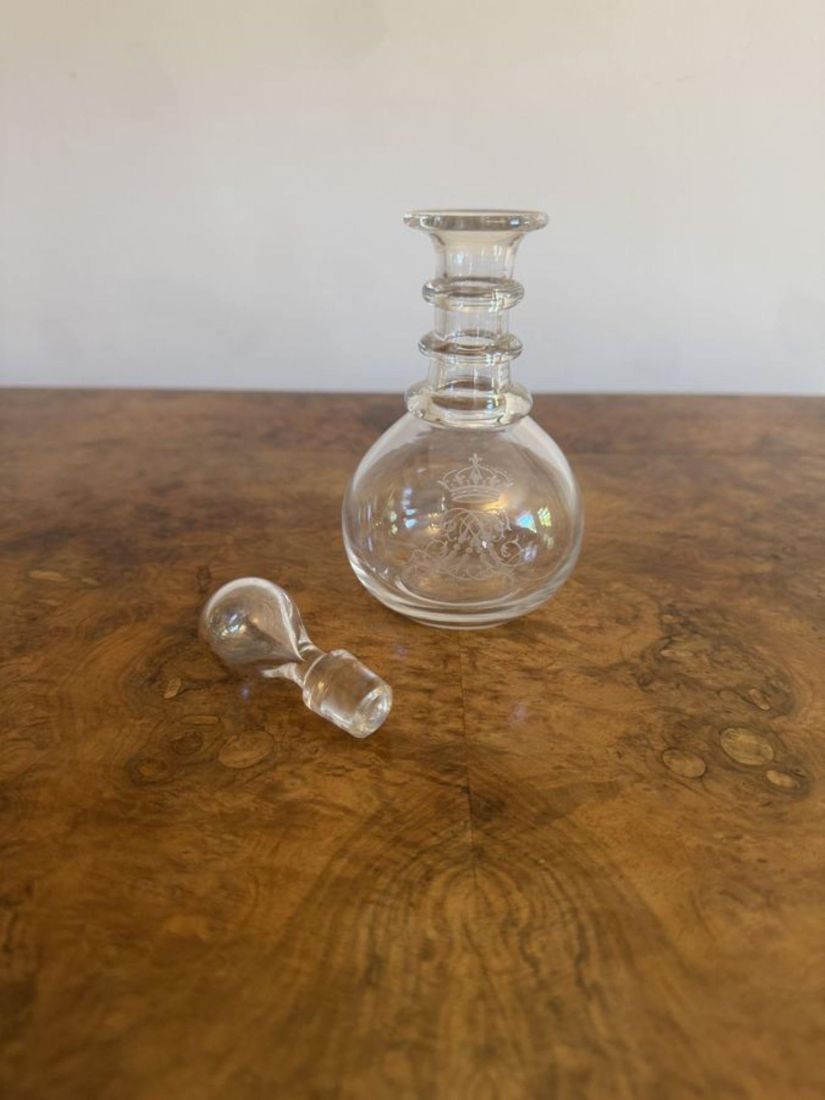 Pretty pair of antique Edwardian decanters, having a pretty pair of antique Edwardian decanters having a bulbous shaped body with a triple ring neck and the original glass stopper. 

D. 1900