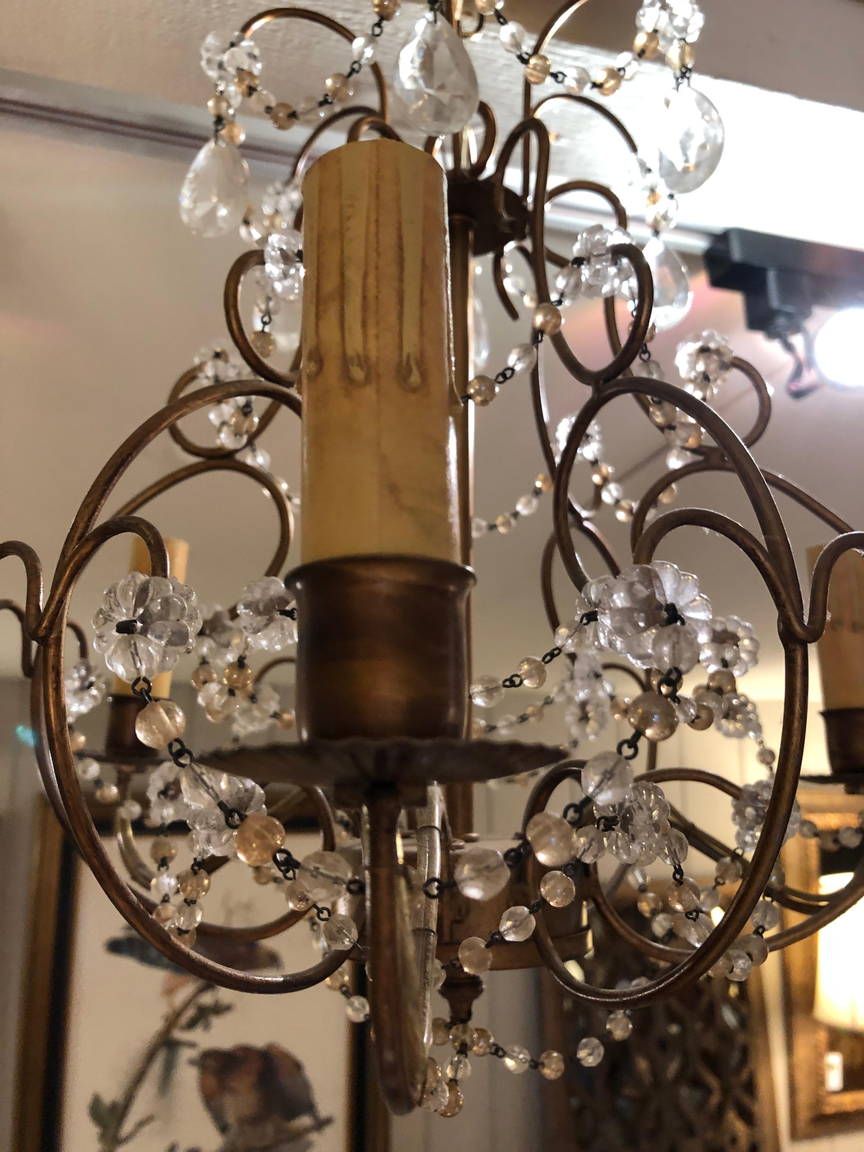Pretty Pair of Beaded and Gilded Italian Chandeliers In Good Condition For Sale In Hopewell, NJ