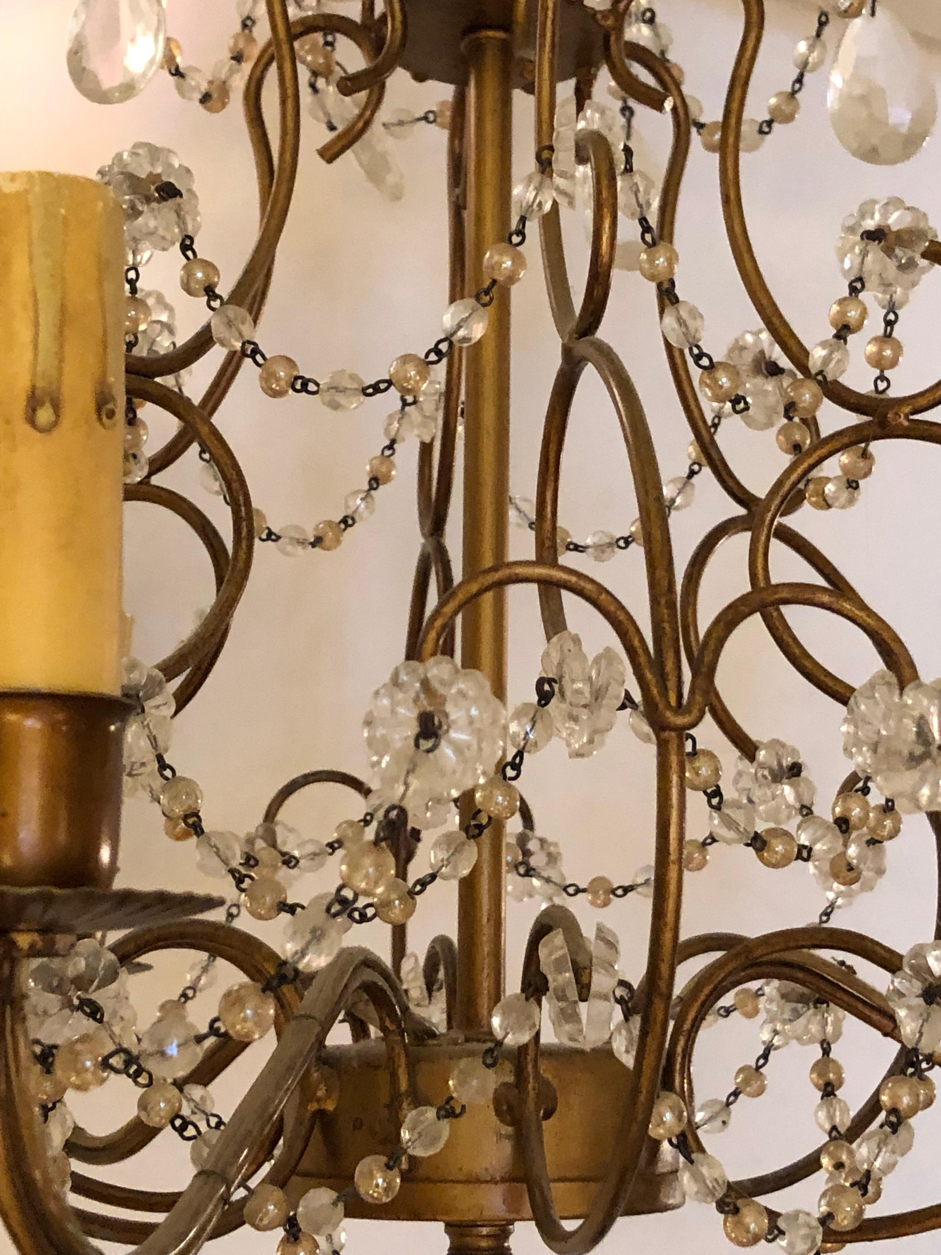 Pretty Pair of Beaded and Gilded Italian Chandeliers For Sale 1
