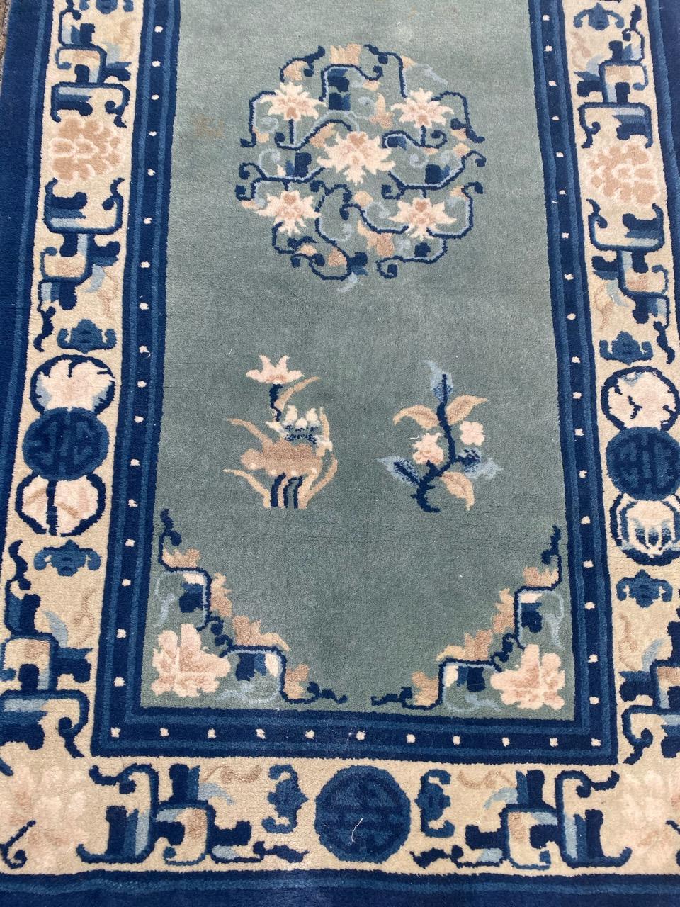 Wonderful mid century pair of Chinese Beijing rugs with nice Chinese design and beautiful colors with blue field, entirely hand knotted with wool velvet on cotton foundation
Measure for each rug is: 72 x 142 cm.