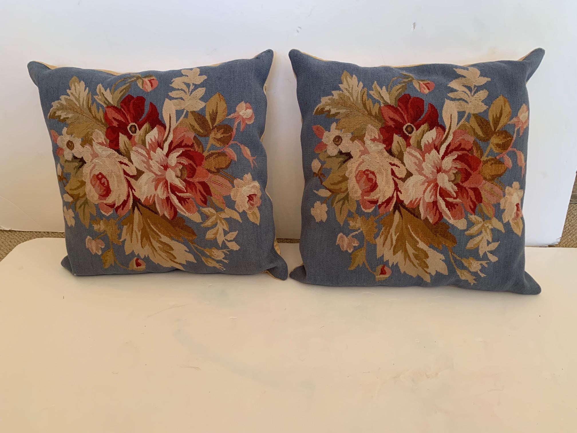Lovely pair of vintage hand made needlepoint square pillows.