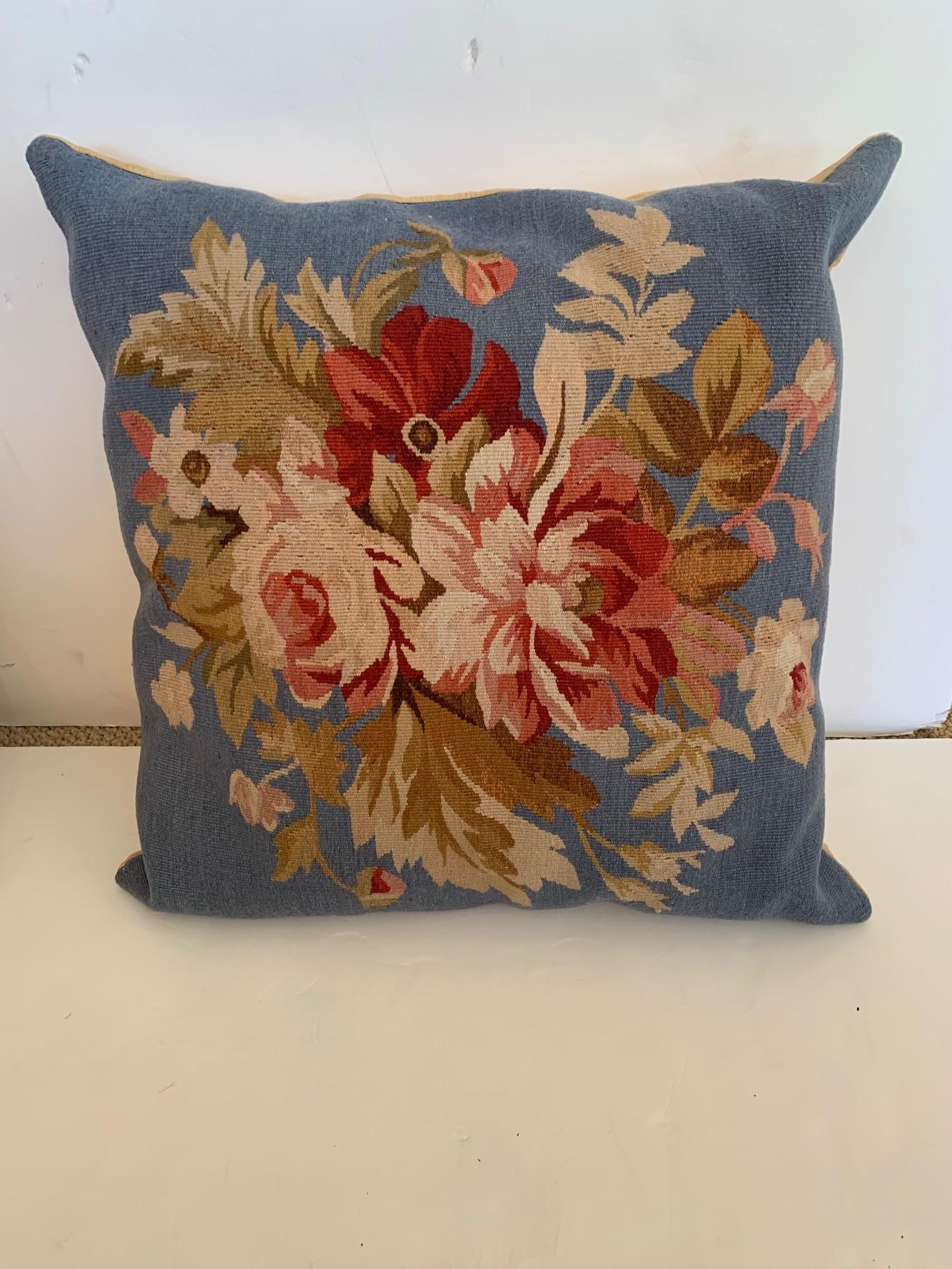 Pretty Pair of French Vintage Needlepoint Pillows For Sale 1