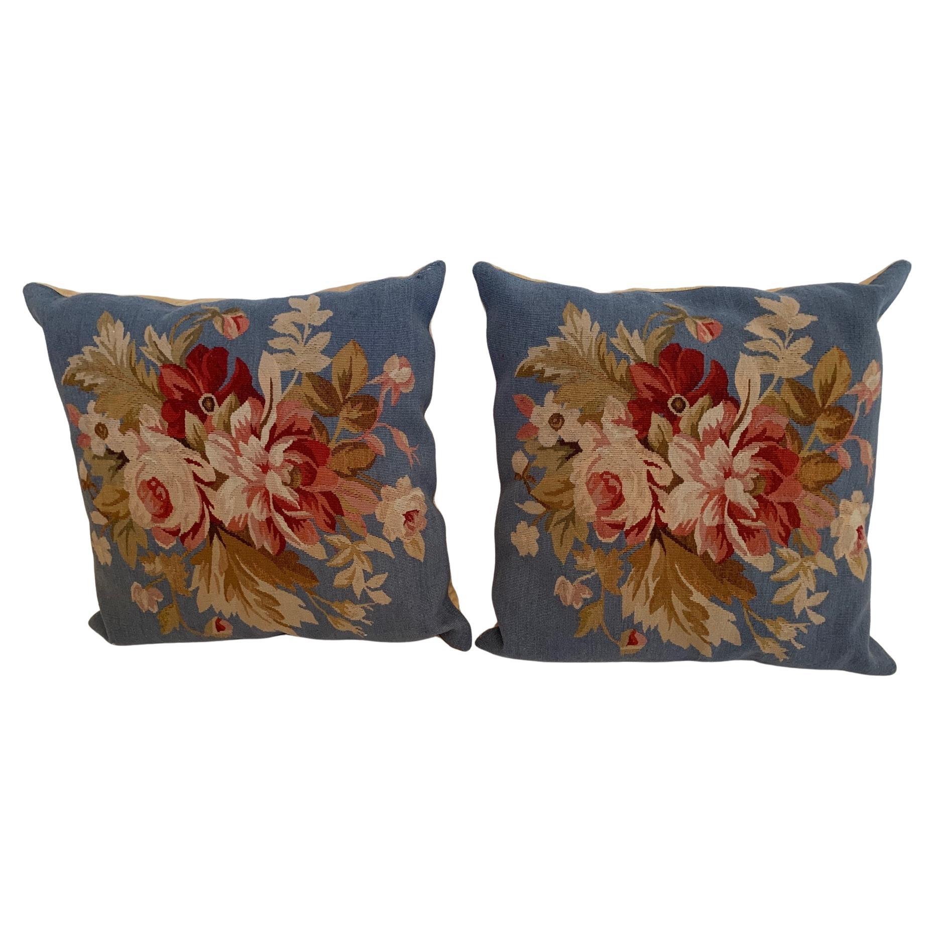 Pretty Pair of French Vintage Needlepoint Pillows