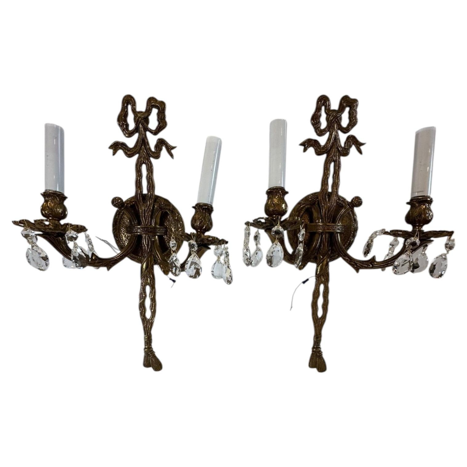 Pretty Pair of Vintage Brass and Crystal Wall Sconces For Sale