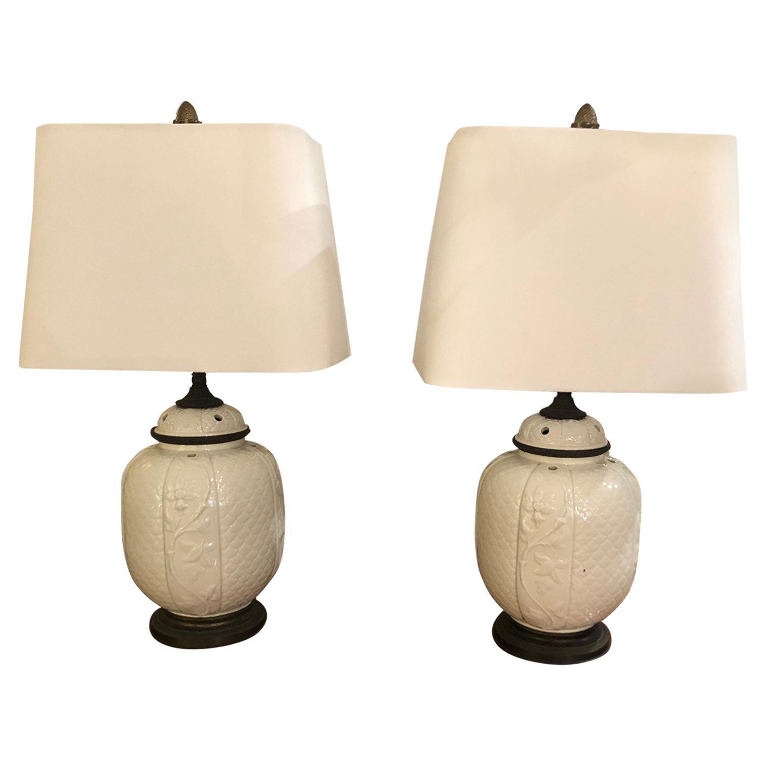 Pretty Pair of White Ceramic Chinese Table Lamps