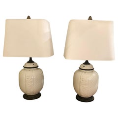 Pretty Pair of White Ceramic Chinese Table Lamps