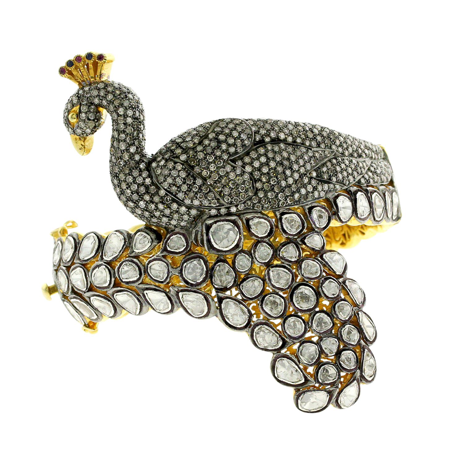 Pretty Peacock Bangle in Silver and Gold with Rosecut Diamonds For Sale