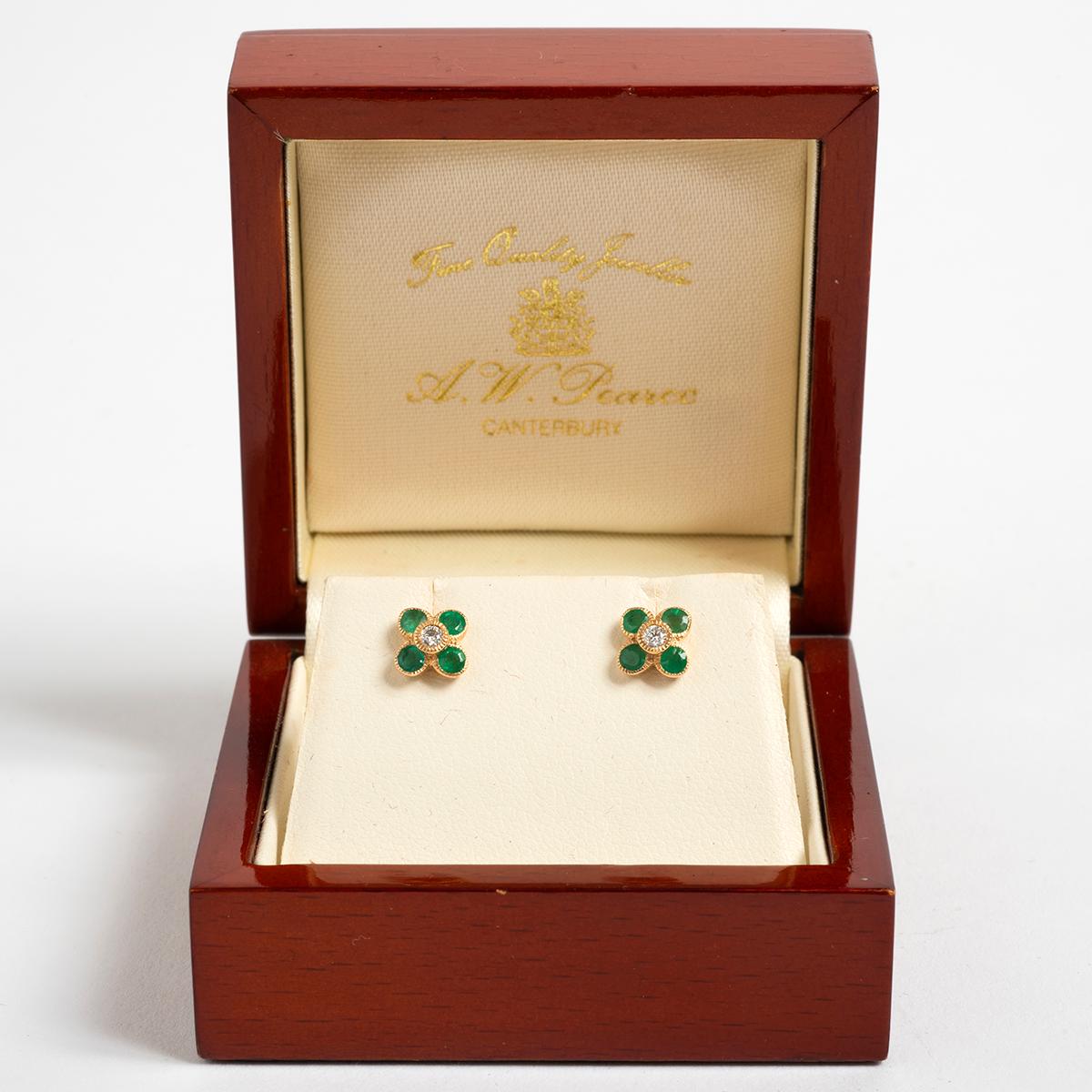 Women's Pretty Petal Shaped Emerald & Diamond Stud Earrings, .06 Carat. For Sale