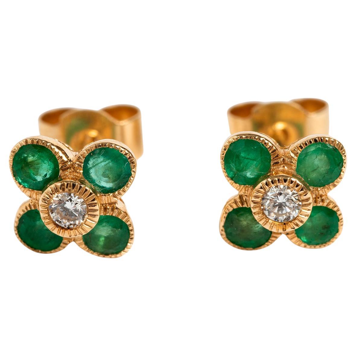 Pretty Petal Shaped Emerald & Diamond Stud Earrings, .06 Carat. For Sale