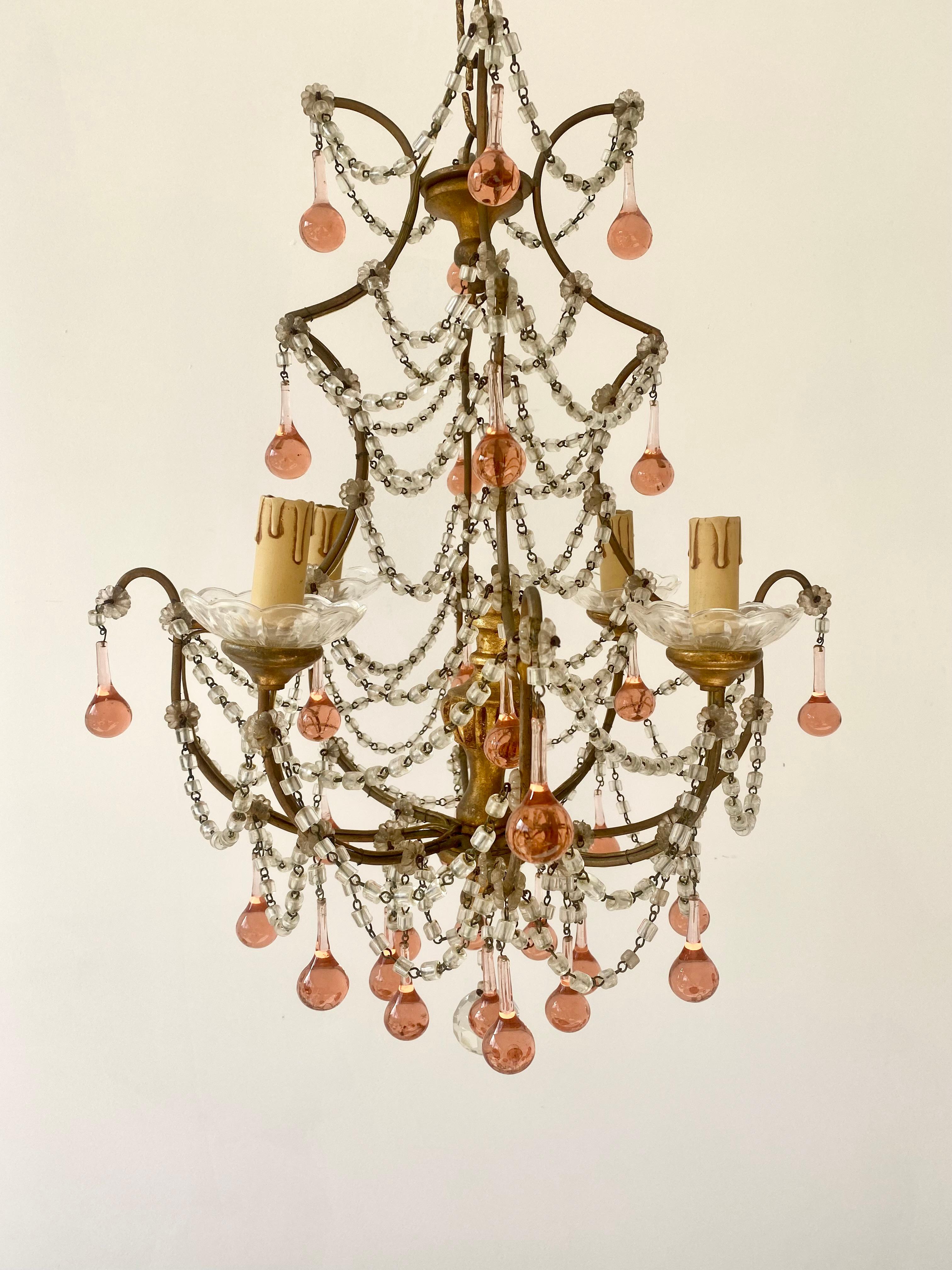 Pretty Pink Vintage Italian Florentine Chandelier In Good Condition For Sale In Crawley Down, GB