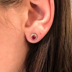 Pretty Red Ruby Stud Earrings w Earth Mined Diamonds in Solid 14K White Gold