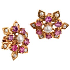 Pretty Ruby and Pearl Snowflake Ear Studs, Hallmarked London, 1990
