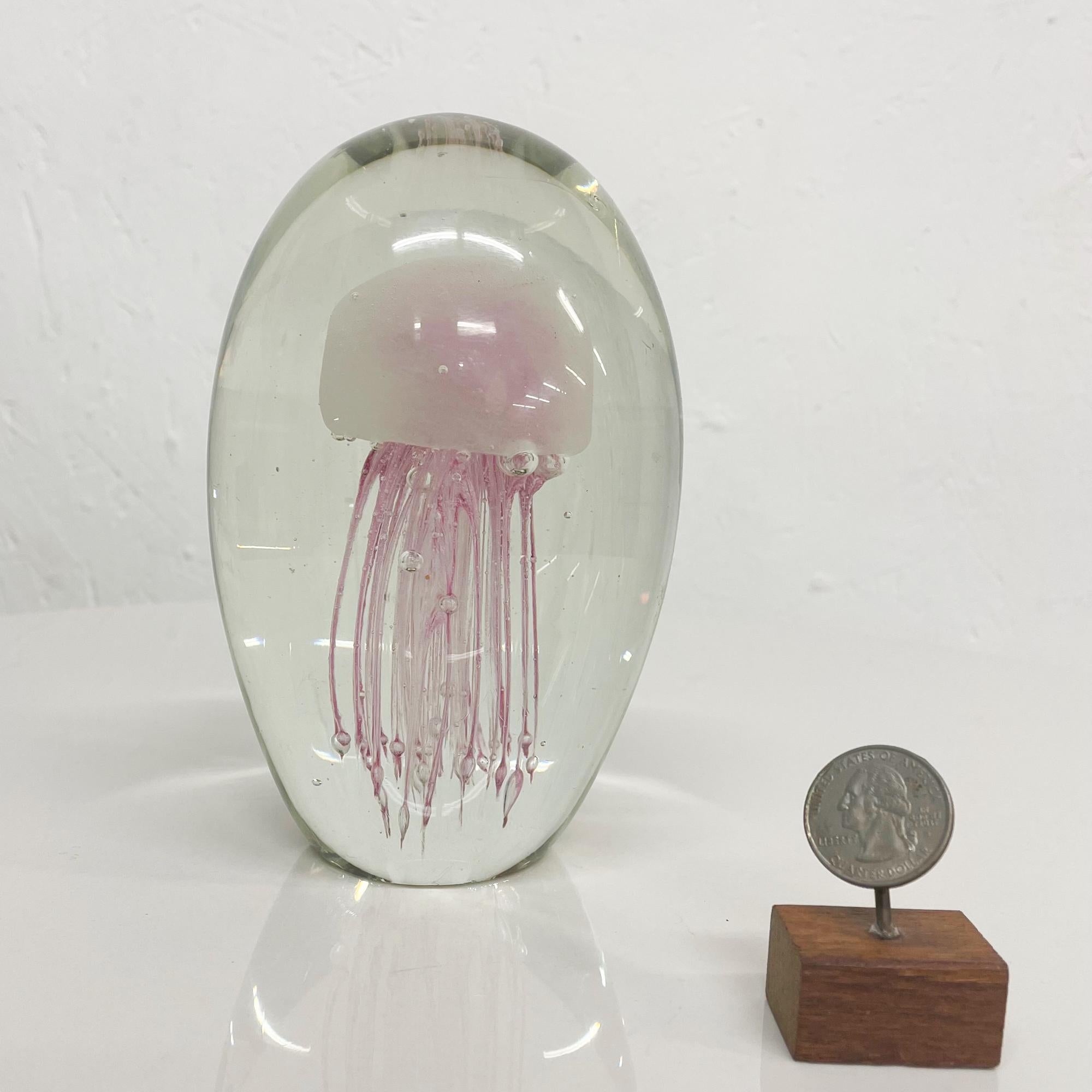 Paperweight
Pretty Sea Life Sculpture Glass Jellyfish Paperweight in Pink
Clear glass with PINK. Controlled bubble design. Not signed. 
In the style of venetian Murano Glass Art work.
Vintage condition with wear. Noted few dings on top surface
