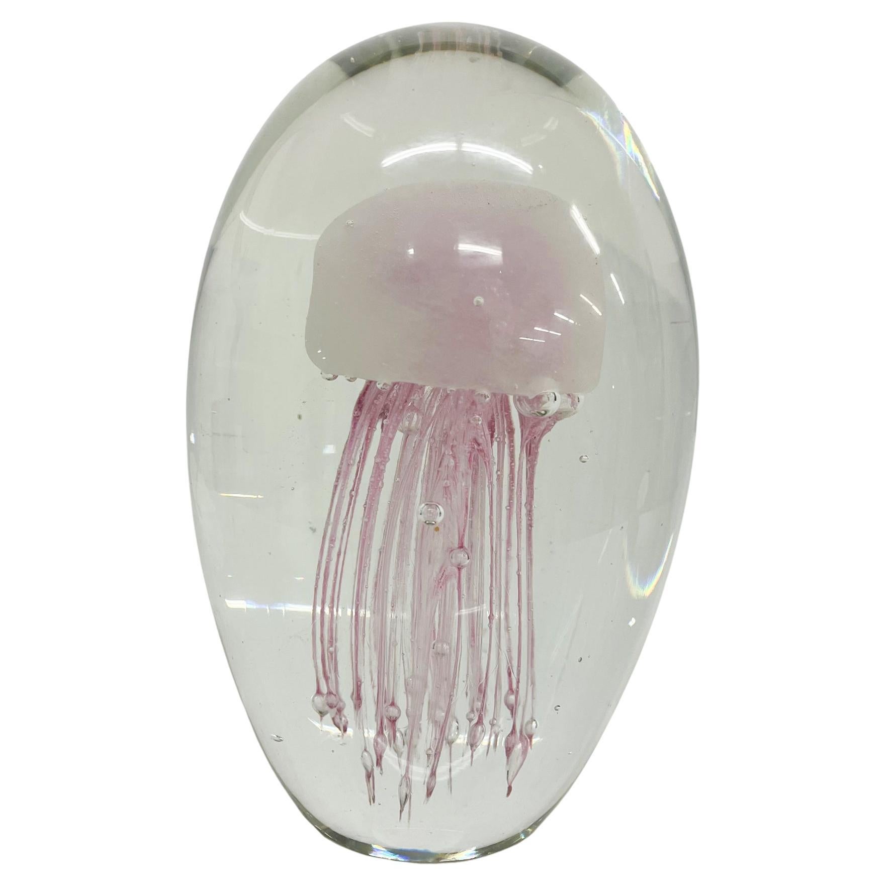 Pretty Sea Life Sculpture Glass Jellyfish Paperweight in Pink Controlled Bubble 