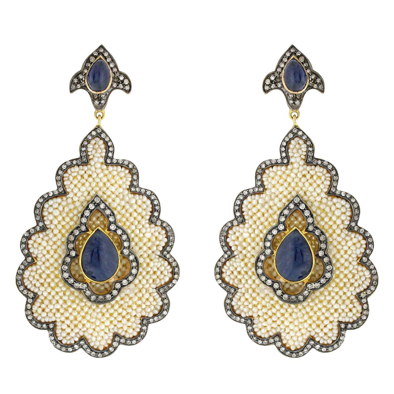 Artisan Pretty Seed Pearl Earring with Diamonds and Blue Sapphire in Gold and Silver For Sale