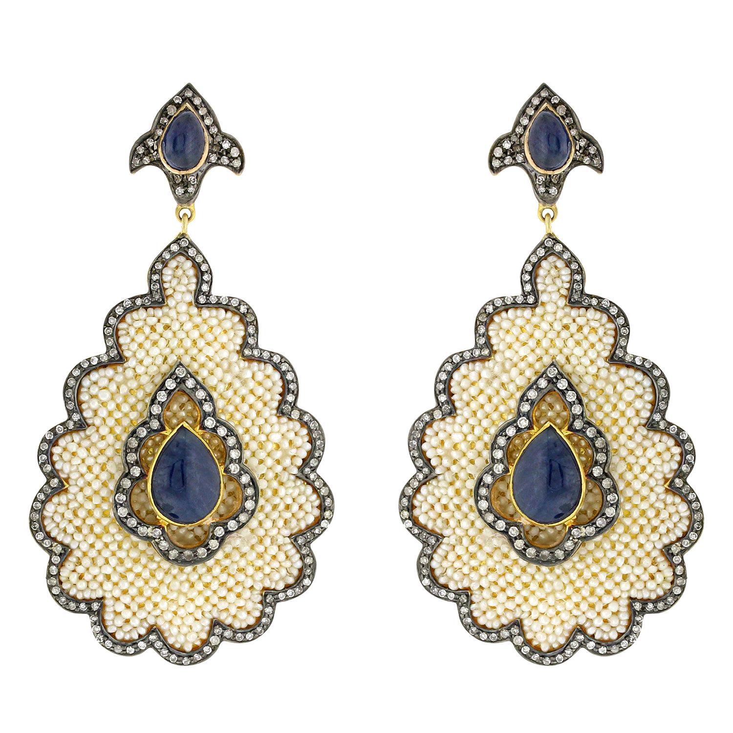 Pretty Seed Pearl Earring with Diamonds and Blue Sapphire in Gold and Silver