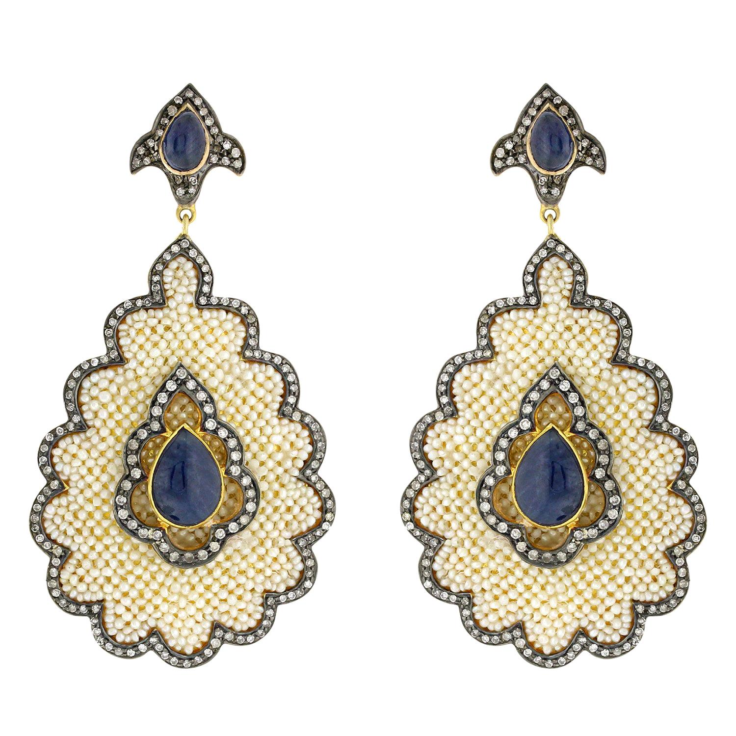 Pretty Seed Pearl Earring with Diamonds and Blue Sapphire in Gold and Silver For Sale