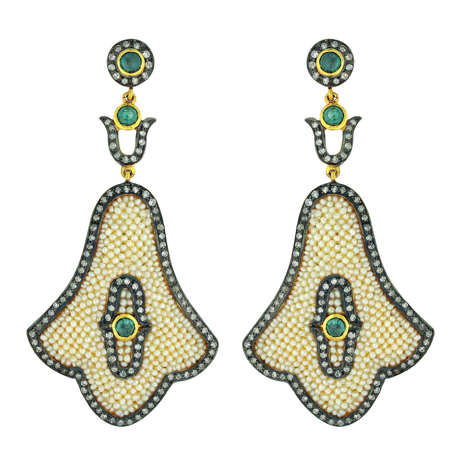 Pretty Seed Pearl Earring with Diamonds around in Gold and Silver For Sale